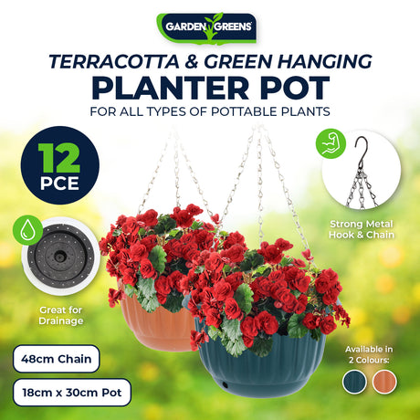 Garden Greens 12PCE Hanging Planter Pots Terracotta & Green Removable Chain