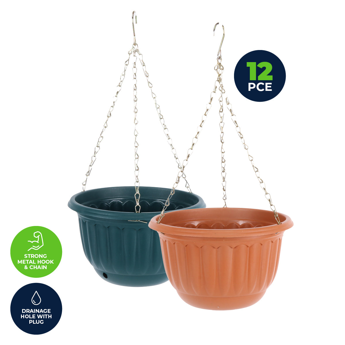 Garden Greens 12PCE Hanging Planter Pots Terracotta & Green Removable Chain