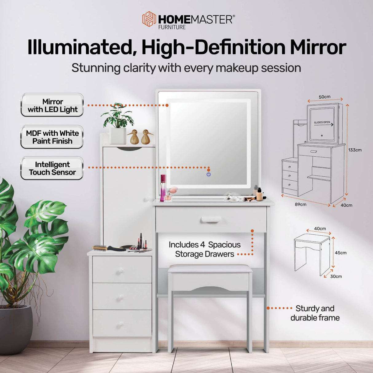 Home Master Dressing Table Set & Stool Touch Sensor Mirror Stylish Design