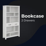 Foxglove Bookshelf Bookcase 5 Tier 2 Drawers Solid Mt Ash Timber Wood - White