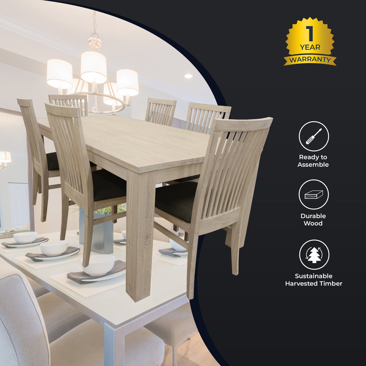 Foxglove 7pc Dining Set 190cm Table 6 PU Seat Chair Solid Mt Ash Wood - White