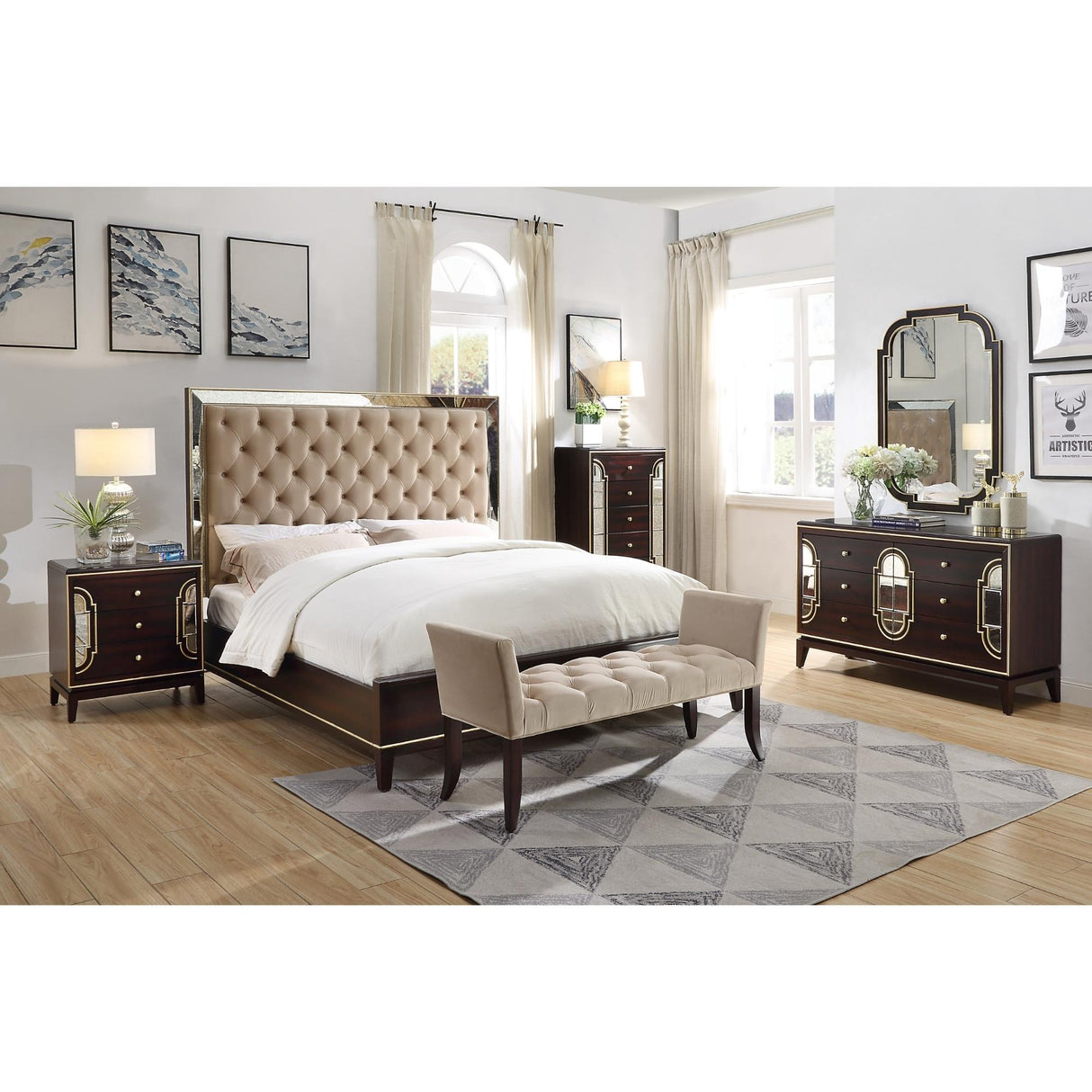 Scarlet 5pc Queen Bed Frame Bedroom Suite Timber Bedside Dresser Mirror Package