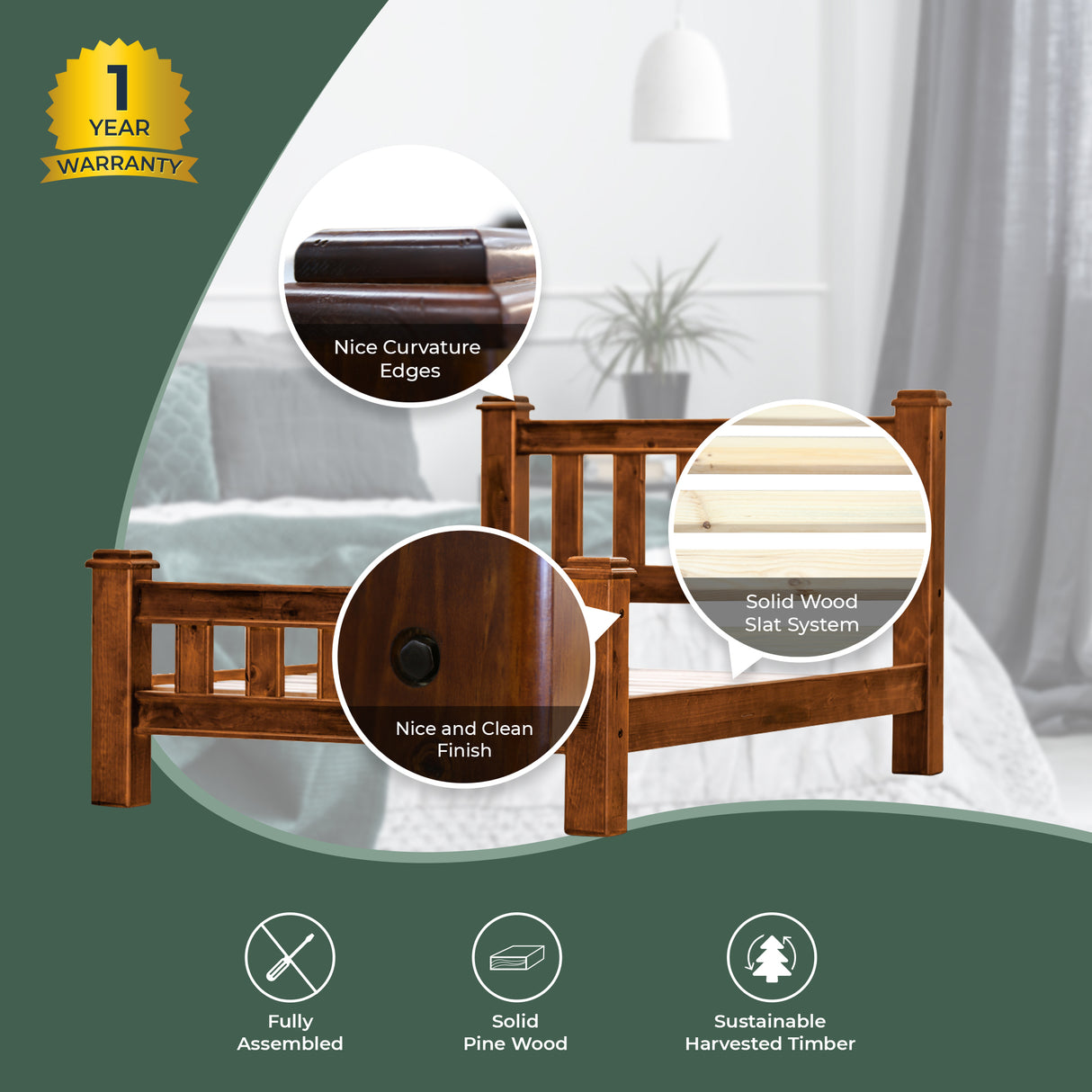 Umber Bed Frame Queen Size Base Solid Pine Timber Wood - Dark Brown