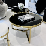 Interior Ave - Designer Giselle Black Glass & Brushed Gold Coffee Table Set