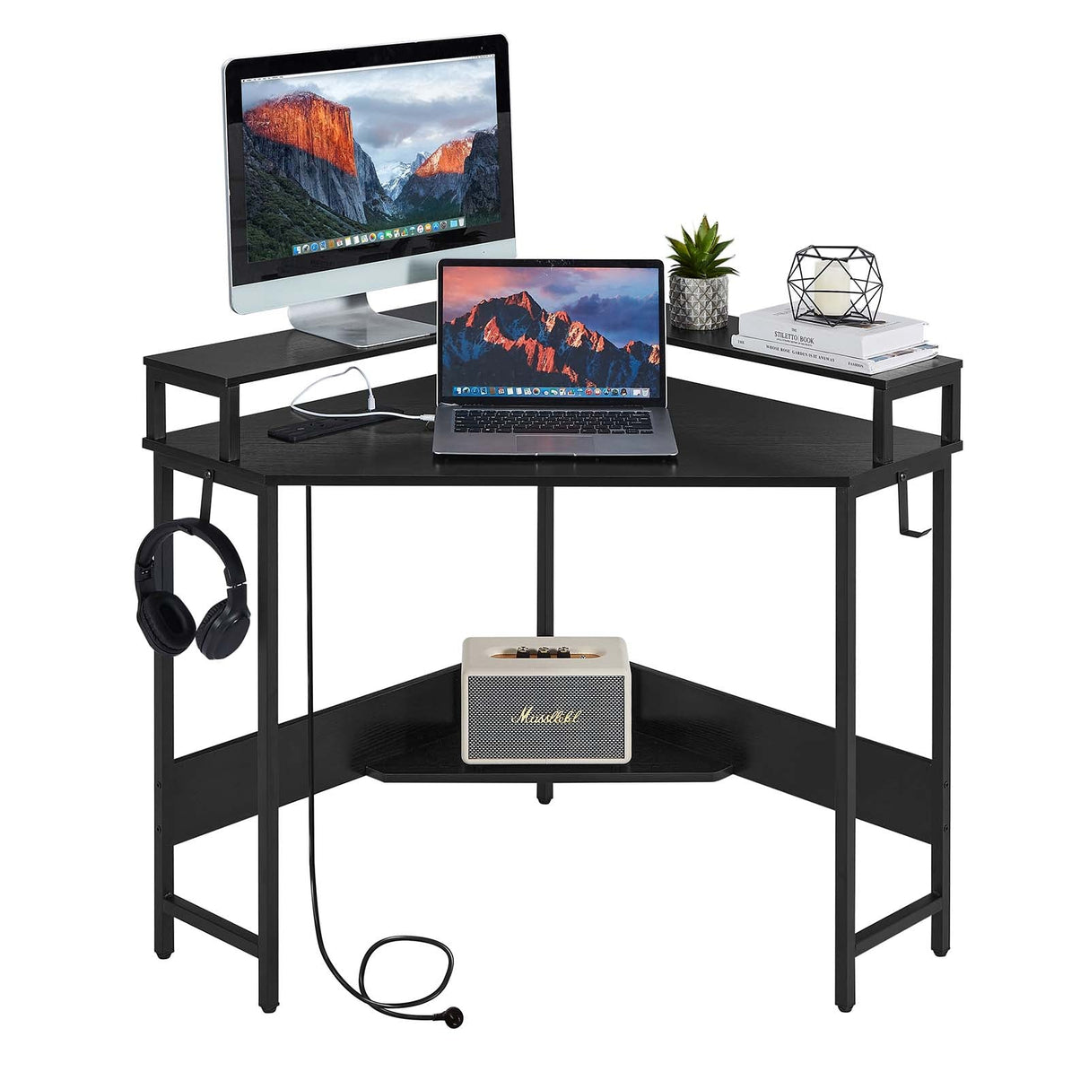 Casadiso L-Shaped Computer Desk with Charging Station, Black Gaming Desk with Built-in Power Board - (Casadiso Albali Pro)