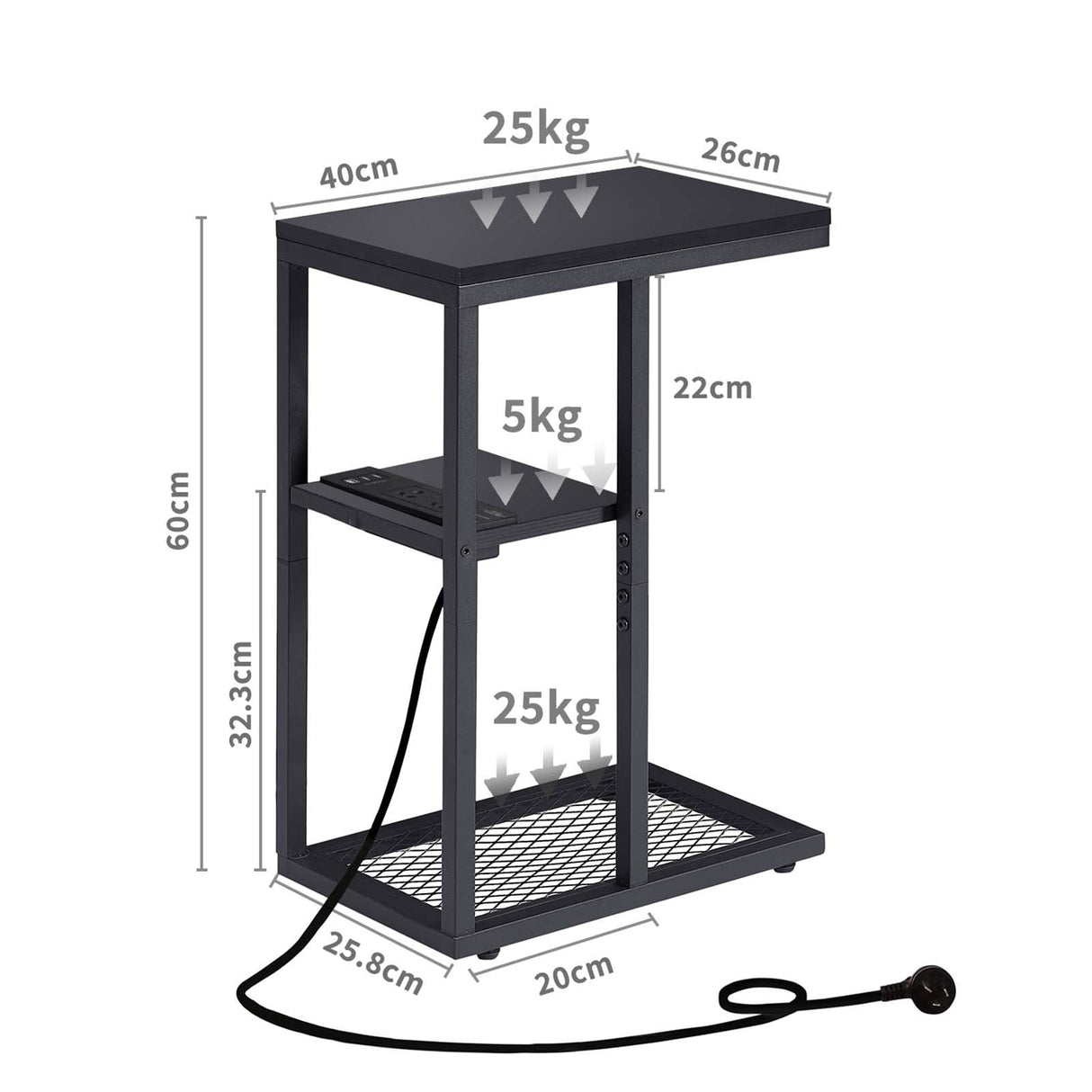 Casadiso Mintaka Pro: E-Shaped Sofa Side Table with Built-in Power Board, Black