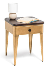 Modern Bedside Table in Brass Finish with Storage Drawer and Wood Top