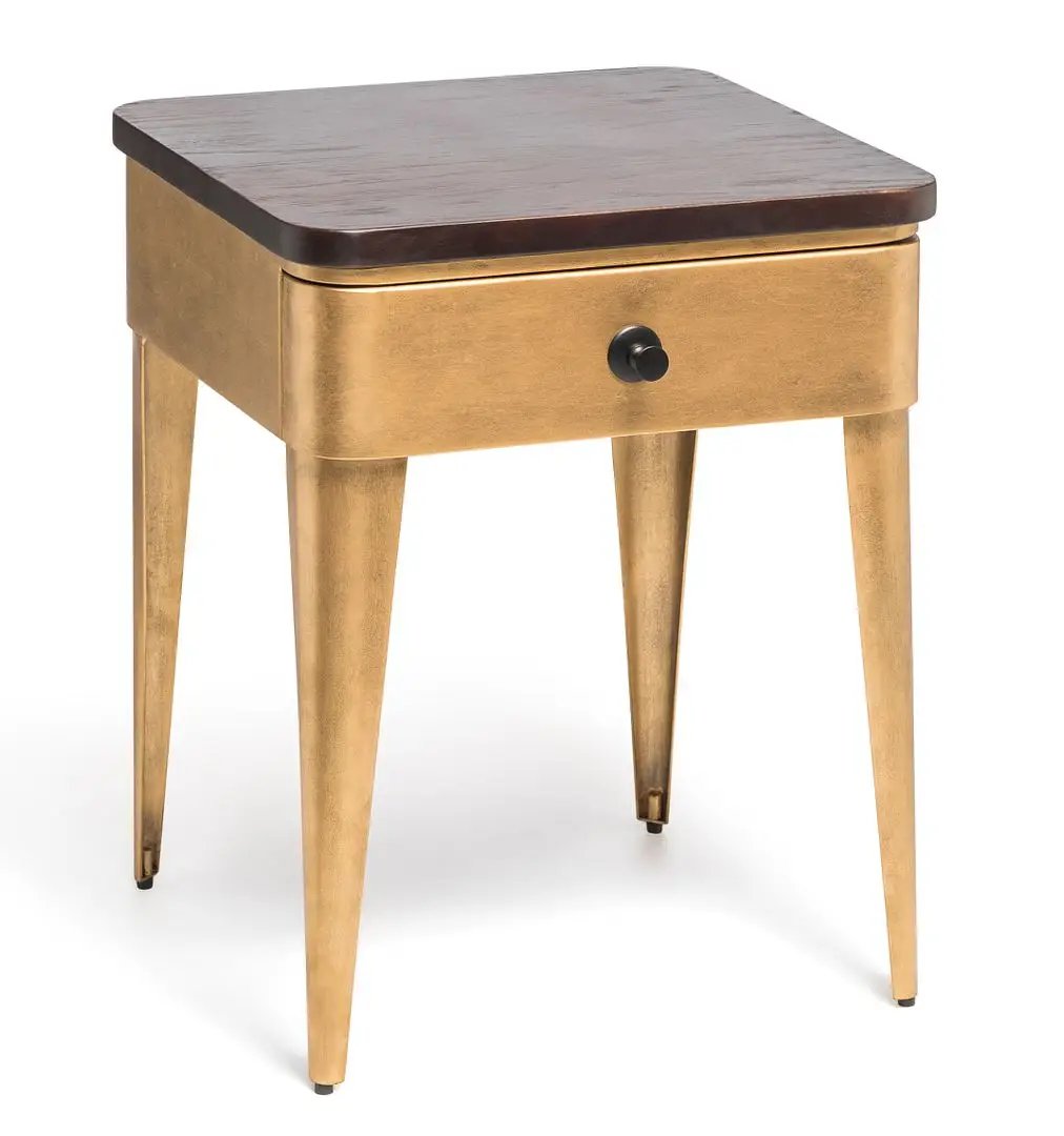 Modern Bedside Table in Brass Finish with Storage Drawer and Wood Top