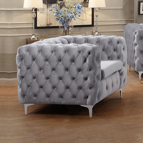 Single Seater Grey Classic Armchair Button Tufted in Velvet Fabric with Metal Legs