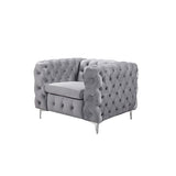 Single Seater Grey Classic Armchair Button Tufted in Velvet Fabric with Metal Legs