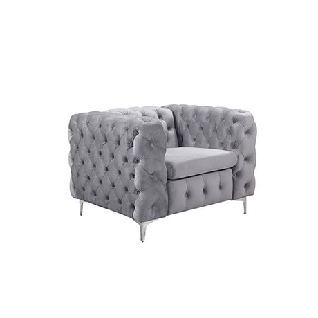 Single Seater Grey Classic Armchair Button Tufted in Velvet Fabric with Metal Legs
