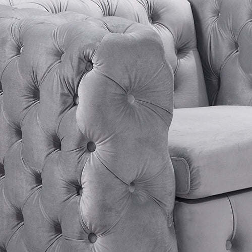 Single Seater Grey Classic Armchair Button Tufted in Velvet Fabric with Metal Legs