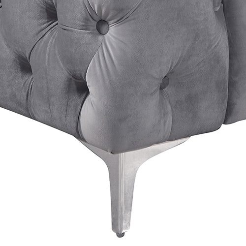 Single Seater Grey Classic Armchair Button Tufted in Velvet Fabric with Metal Legs