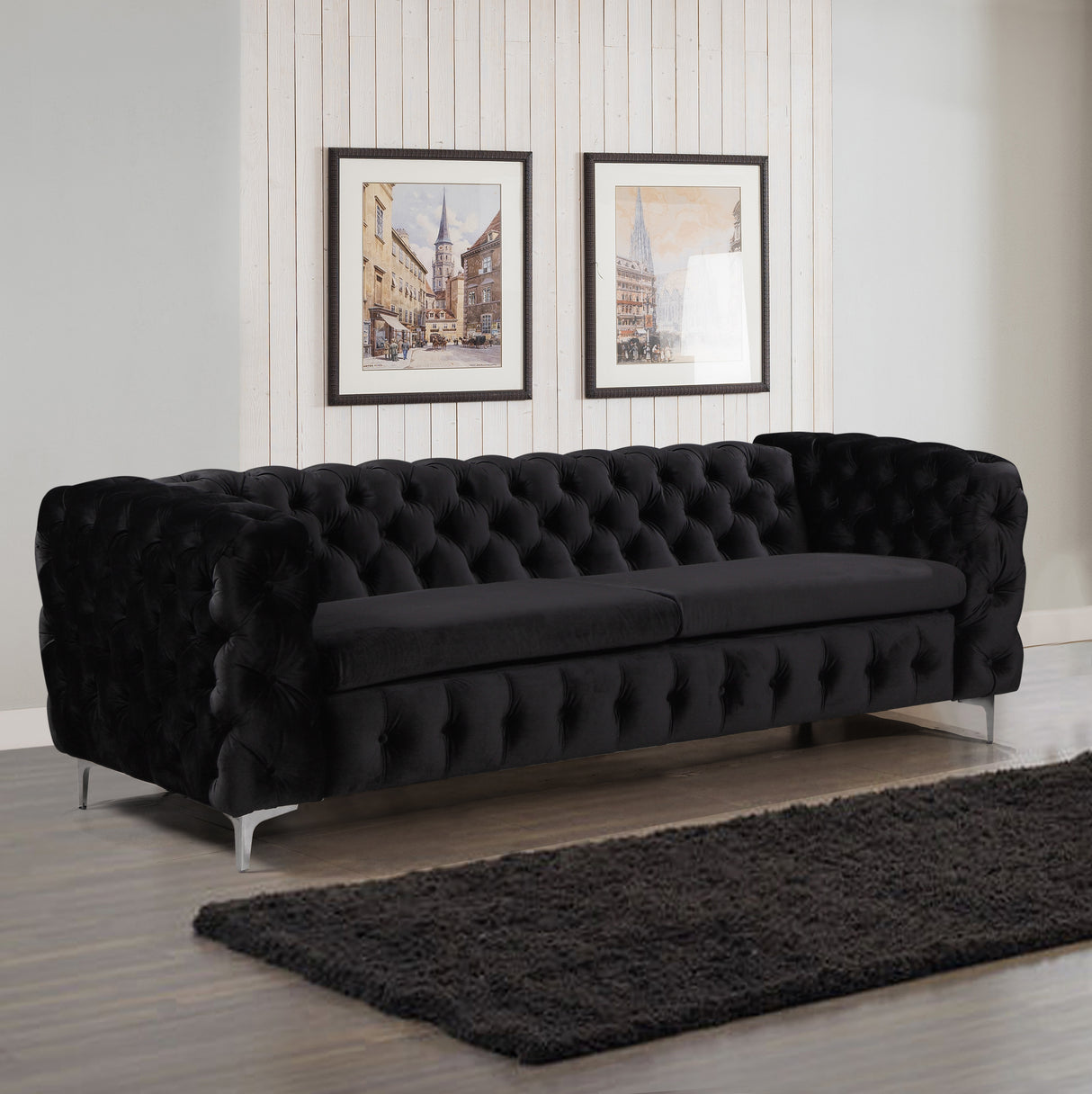 Ember 3 Seater Sofa Classic Button Tufted Lounge in Black Velvet Fabric with Metal Legs