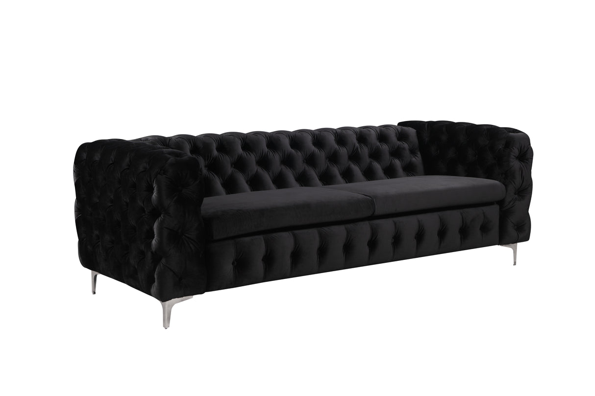 Ember 3 Seater Sofa Classic Button Tufted Lounge in Black Velvet Fabric with Metal Legs