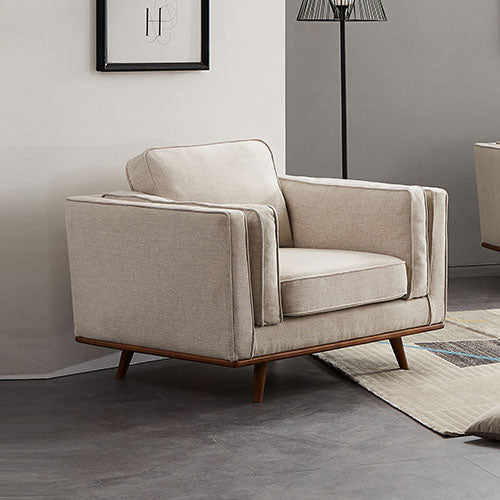 Single Seater Armchair Modern Accent Chair in Beige Fabric with Wooden Frame