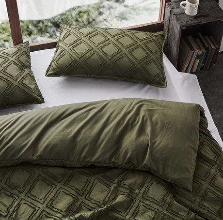 100% Premium Tufted Microfibre Quilt Cover Set - Ultra-Soft, Durable Embroidery Bedding Comforter Set - Machine Washable & Zipper Closure - Khaki Green - Super King