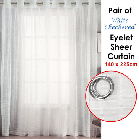 Pair of White Checkered Eyelet Sheer Curtains 140 x 225cm