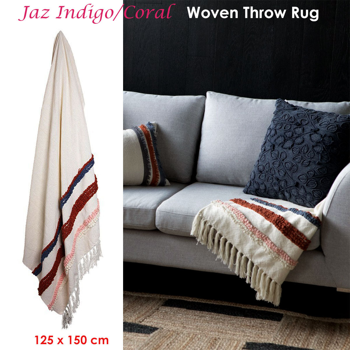 J.Elliot Home Jaz Indigo Coral Woven Throw