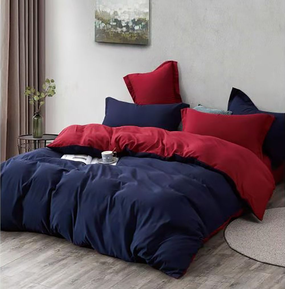 1000TC Ember Reversible King Size Blue and Red Duvet Quilt Cover Set