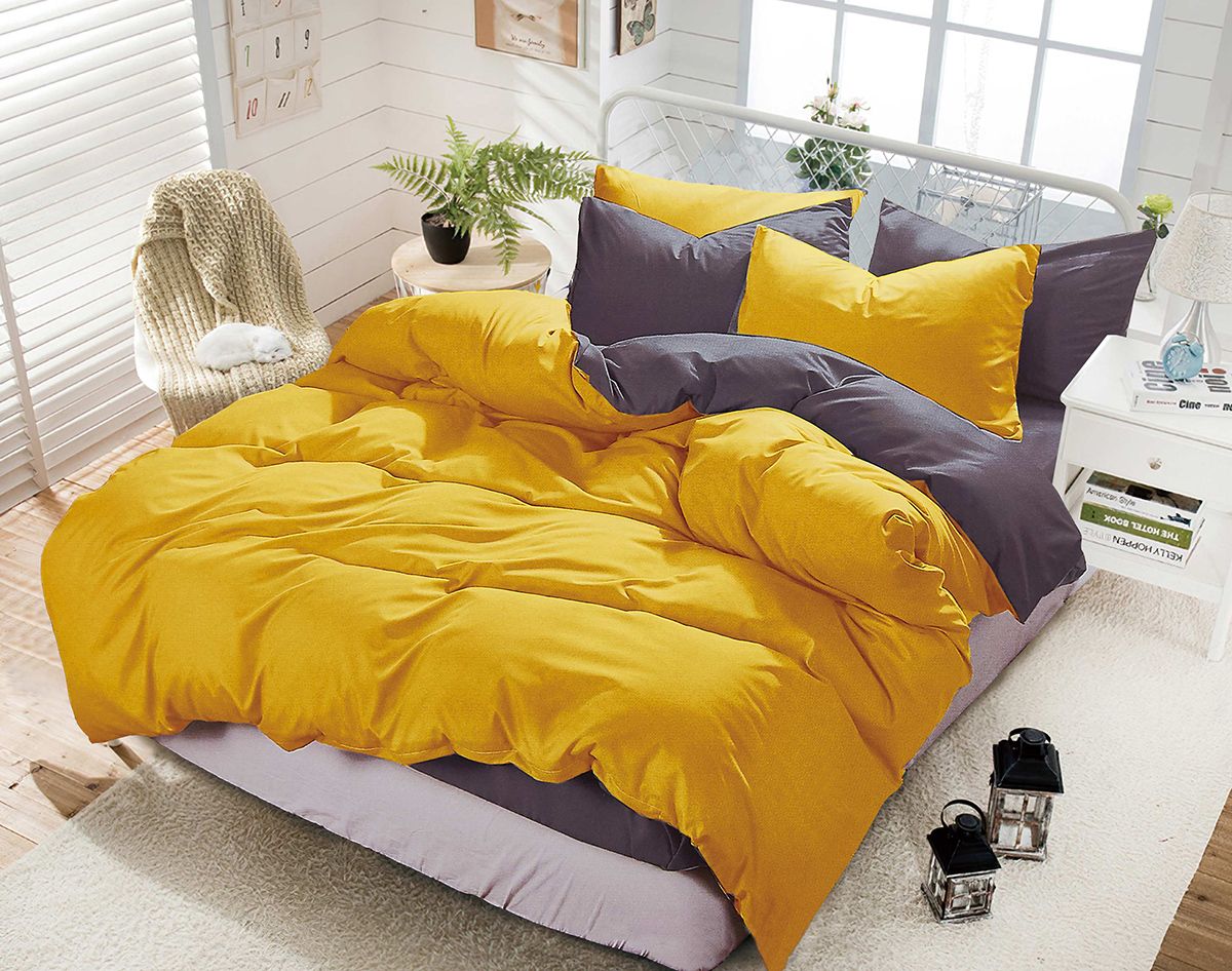 1000TC Reversible King Size Yellow and Grey Duvet Quilt Cover Set