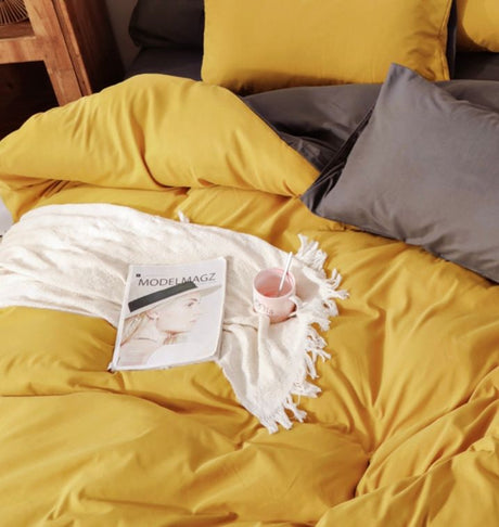 1000TC Reversible Queen Size Yellow and Grey Duvet Quilt Cover Set