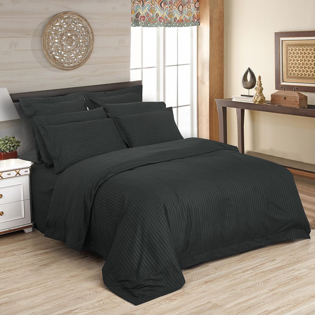 1000TC Ultra Soft Striped Queen Size Charcoal Duvet Quilt Cover Set