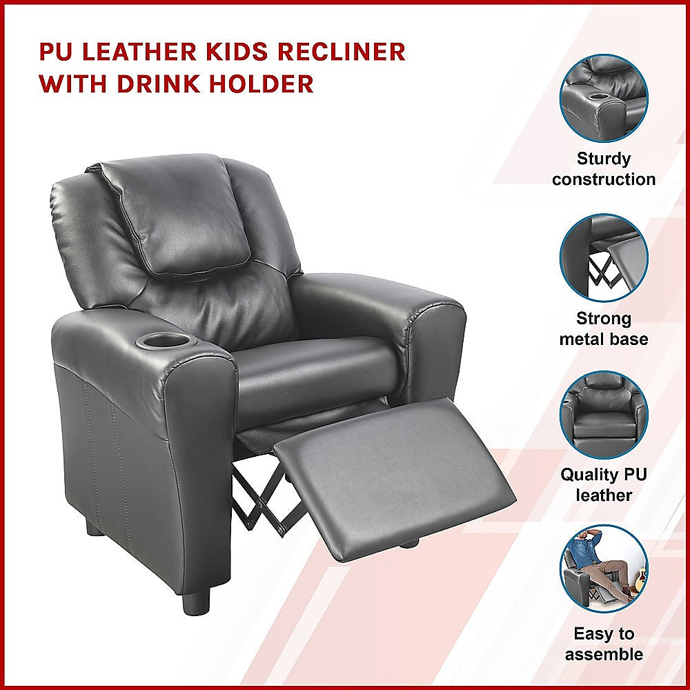 PU Leather Kids Recliner with Drink Holder