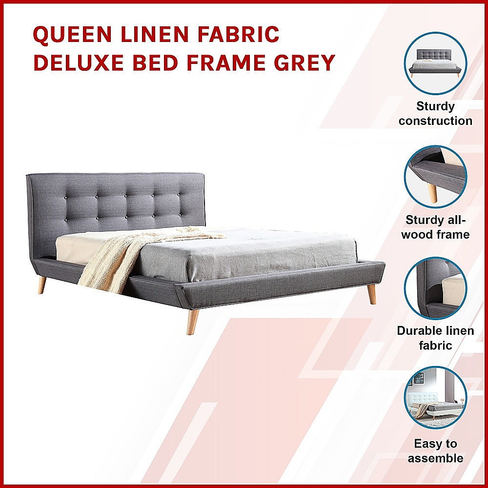 Queen Linen Fabric Deluxe Bed Frame Grey