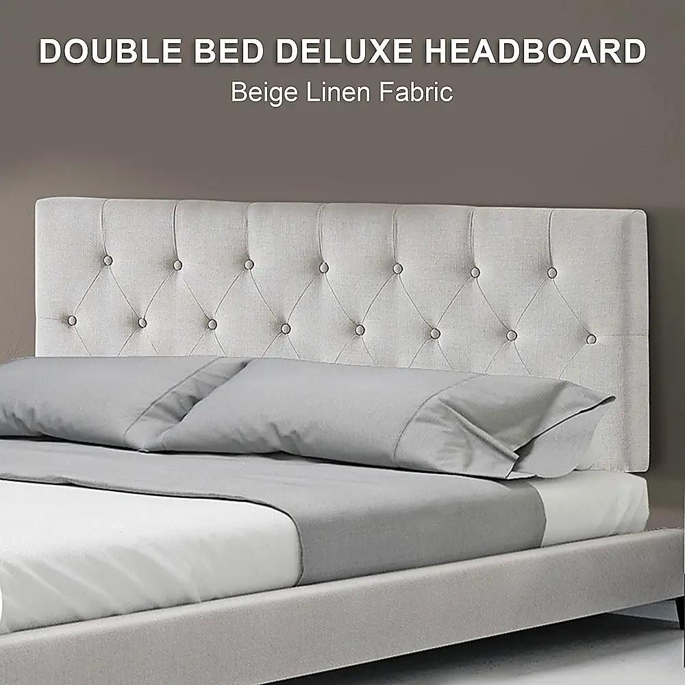 Linen Fabric Double Bed Deluxe Headboard Bedhead - Beige