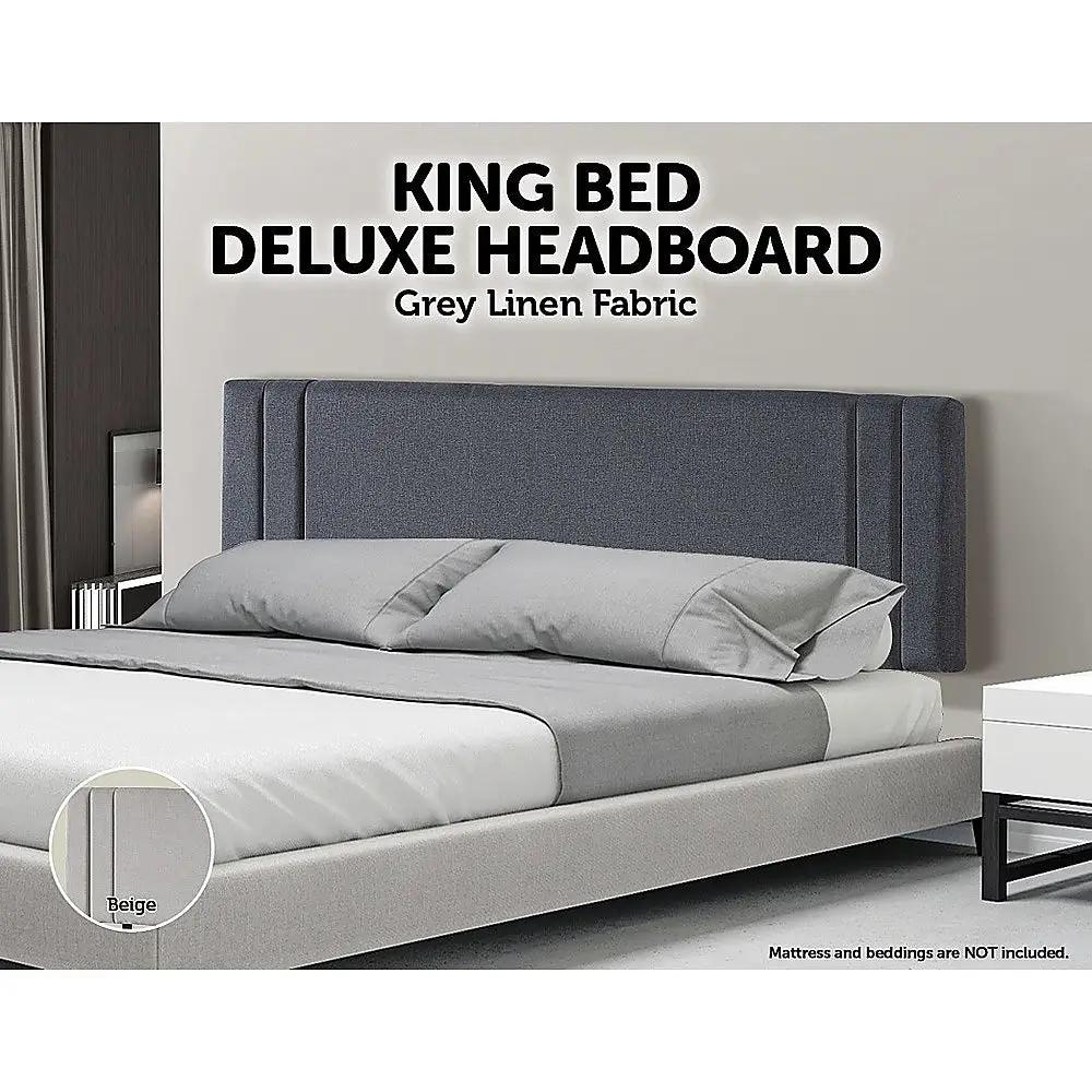 Linen Fabric King Bed Deluxe Headboard Bedhead - Grey