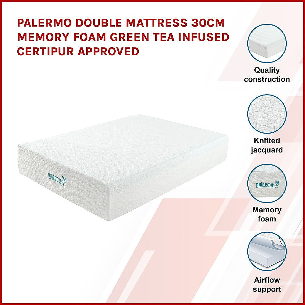 Palermo Double Mattress 30cm Memory Foam Green Tea Infused CertiPUR Approved