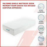 Palermo Single Mattress 30cm Memory Foam Green Tea Infused CertiPUR Approved