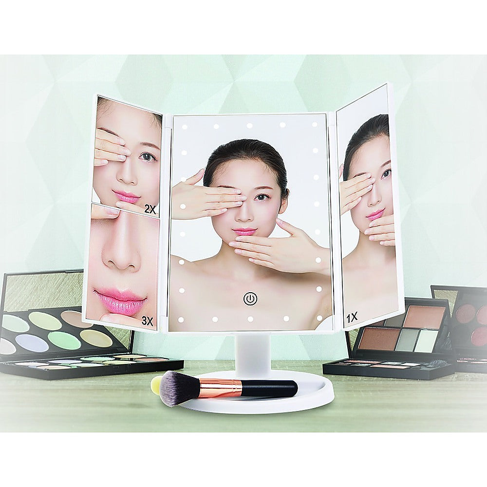 Makeup Mirror With LED Light Standing Mirror Magnifying Tri-Fold Touch