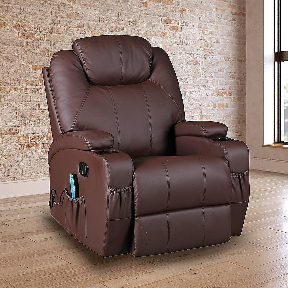 Brown Massage Sofa Chair Recliner 360 Degree Swivel PU Leather Lounge 8 Point Heated