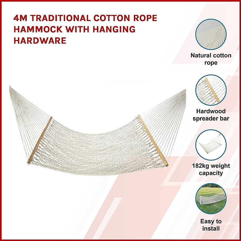 4m Traditional Cotton Rope Hammock with Hanging Hardware