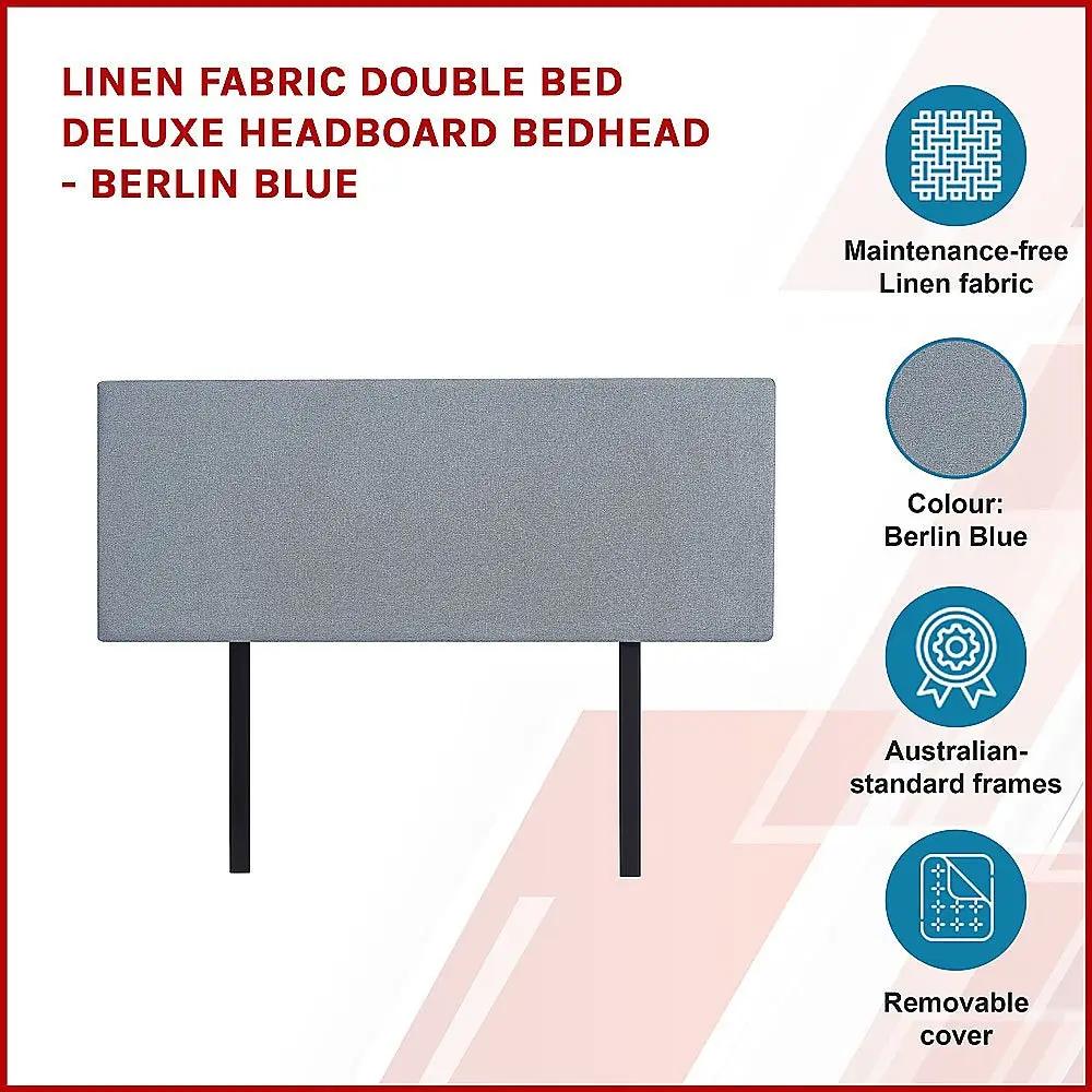 Linen Fabric Double Bed Deluxe Headboard Bedhead - Berlin Blue