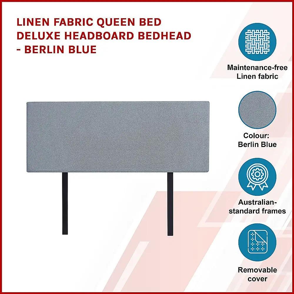 Linen Fabric Queen Bed Deluxe Headboard Bedhead - Berlin Blue