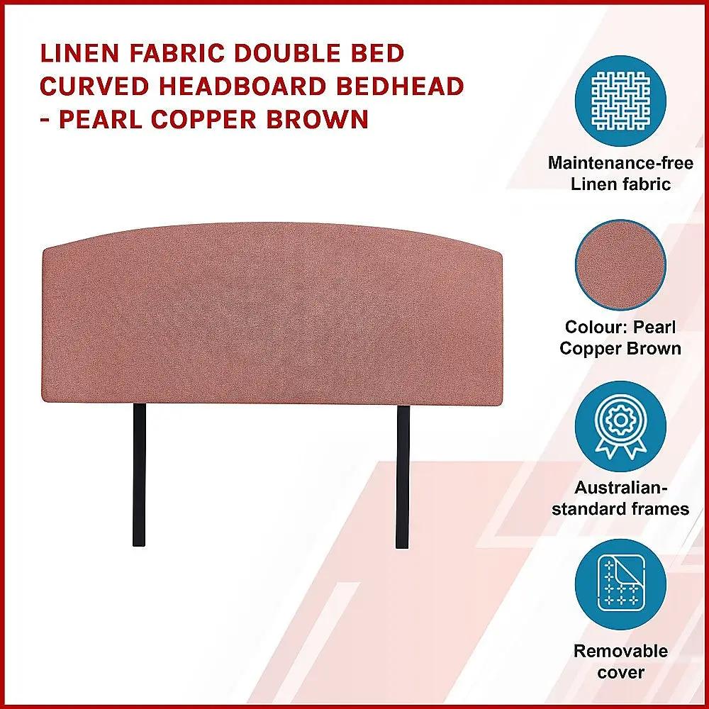 Linen Fabric Double Bed Curved Headboard Bedhead - Pearl Copper Brown