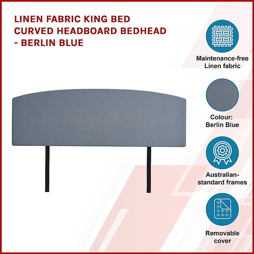 Linen Fabric King Bed Curved Headboard Bedhead - Berlin Blue