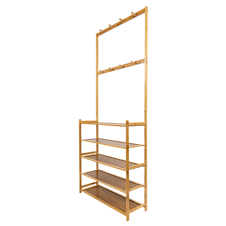 Large Wooden 5 Tiers Hat Coat Stand Clothes Shoe Rack Hanger Hooks Shelf Storage