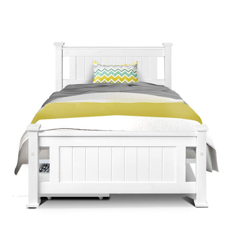 Rio White Single Wooden Bed Frame with 2x Trundle Drawer