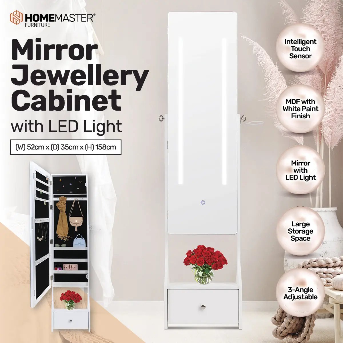 Home Master 158cm Mirror Jewellery Cabinet LED Lighting and Adjustable Angling