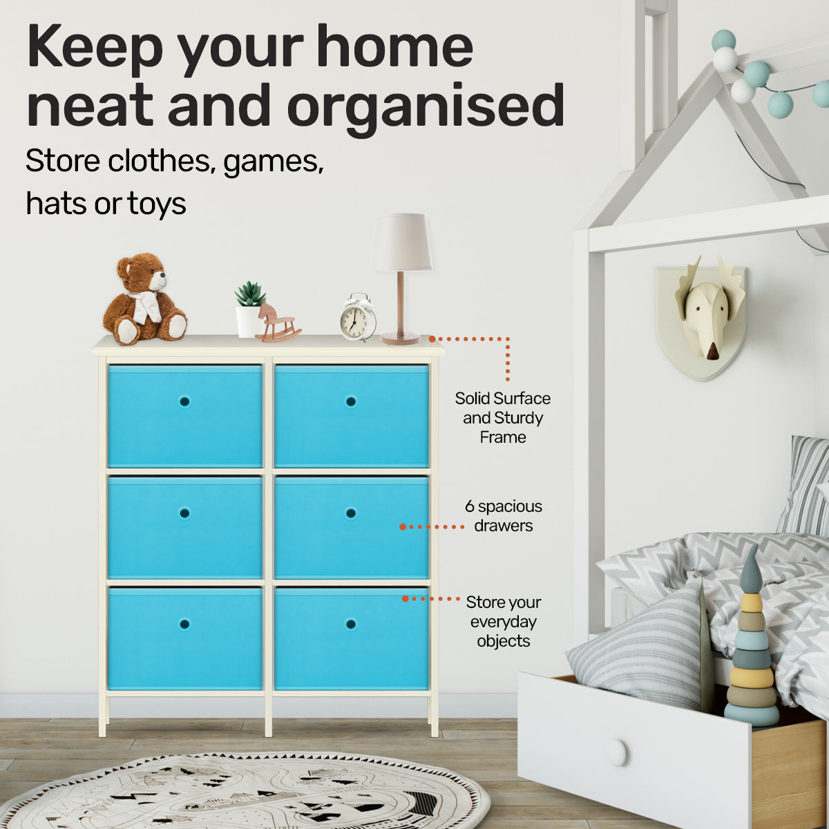 Home Master 6 Drawer Pine Wood Storage Chest Sky Blue Fabric Baskets 70 x 80cm