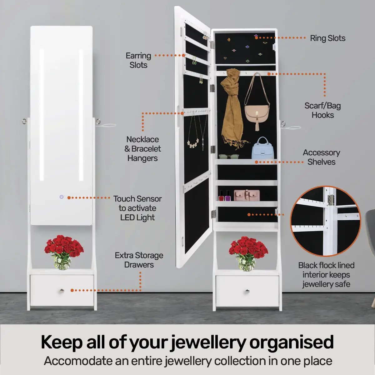 Home Master 158cm Mirror Jewellery Cabinet LED Lighting and Adjustable Angling